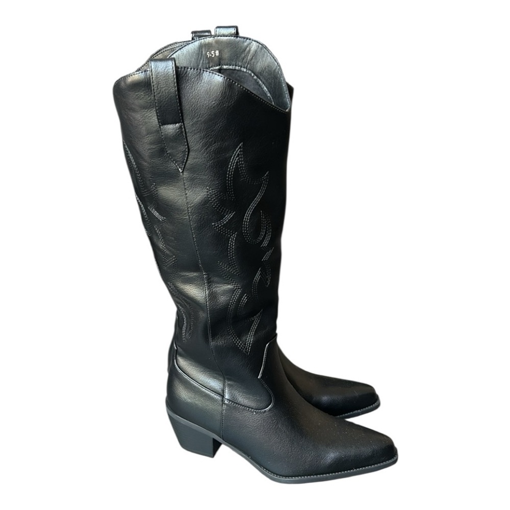 Western Faux Leather Black Tall Cowboy Boots Sz 9.5